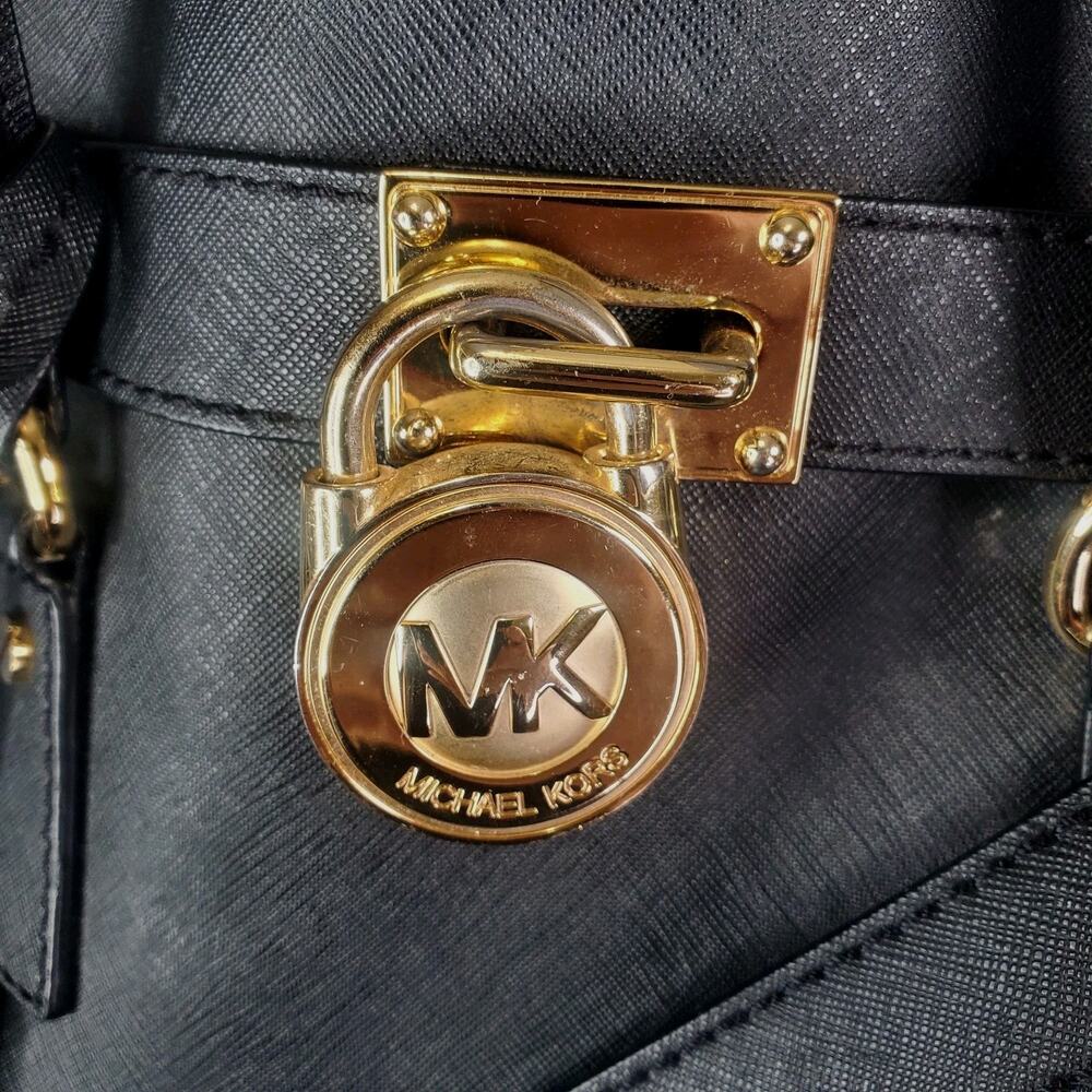 Michael Kors Hamilton Large Saffiano Leather Black Satchel Bag Gold Chain Purse - Picture 5 of 16